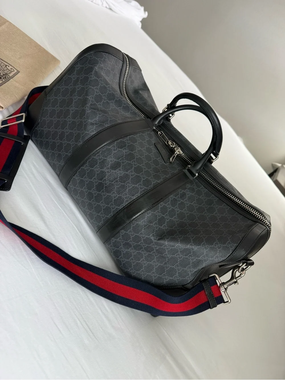 Gucci Black Monogram Canvas Duffel with Red & Blue Strap